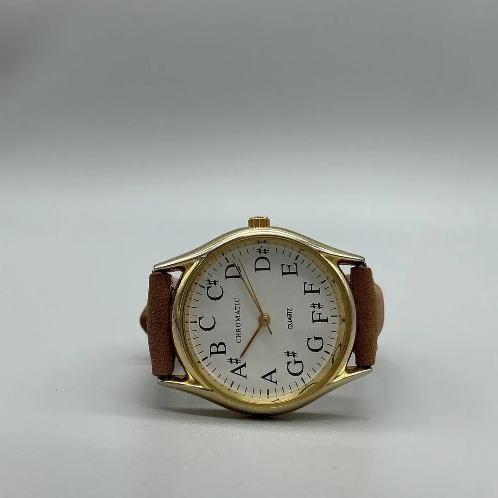 Chromatic Womens Watch 33mm Musical Note Dial Leather Gold Tone New Battery